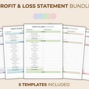 Puede incluir: Un paquete de cinco plantillas de estados de resultados. Cada plantilla presenta un diseño limpio con secciones para ingresos, gastos e ingresos netos. Las plantillas son en tonos de verde, azul y rosa.