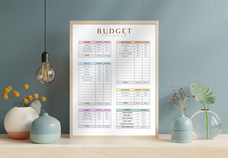 May include: A framed budget planner with sections for income, expenses, bills, savings, and debts. The planner has a neutral color palette and is displayed on a wooden surface with decorative vases and a hanging lightbulb.