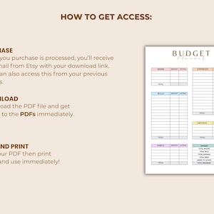 May include: A digital budget planner with sections for income, expenses, bills, savings, and debts. The planner is on a white background with pastel color-coded sections and the title "Budget Planner" in elegant script.