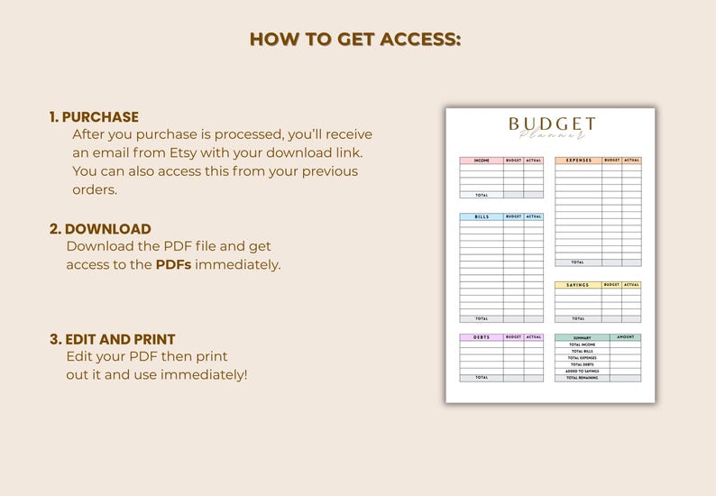 May include: A digital budget planner with sections for income, expenses, bills, savings, and debts. The planner is on a white background with pastel color-coded sections and the title "Budget Planner" in elegant script.