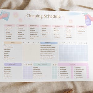 May include: A pastel-colored cleaning schedule with the title "Cleaning Schedule" at the top. The schedule is divided into daily, weekly, monthly, quarterly, semi-annual, and annual sections. The image includes illustrations of hands with cleaning supplies.