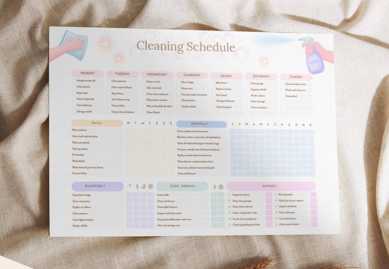 May include: A pastel-colored cleaning schedule with the title "Cleaning Schedule" at the top. The schedule is divided into daily, weekly, monthly, quarterly, semi-annual, and annual sections. The image includes illustrations of hands with cleaning supplies.