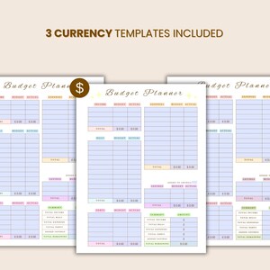 May include: Three budget planner templates with different currency symbols: British pound, US dollar, and Euro. Each planner has sections for income, expenses, and savings, with pastel color accents. The text "3 CURRENCY TEMPLATES INCLUDED" is at the top.