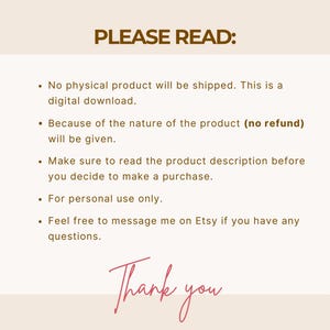 May include: A digital download notice with text in brown and pink on a cream background. The text reads "PLEASE READ:" followed by bullet points about the product and a "Thank you" message.