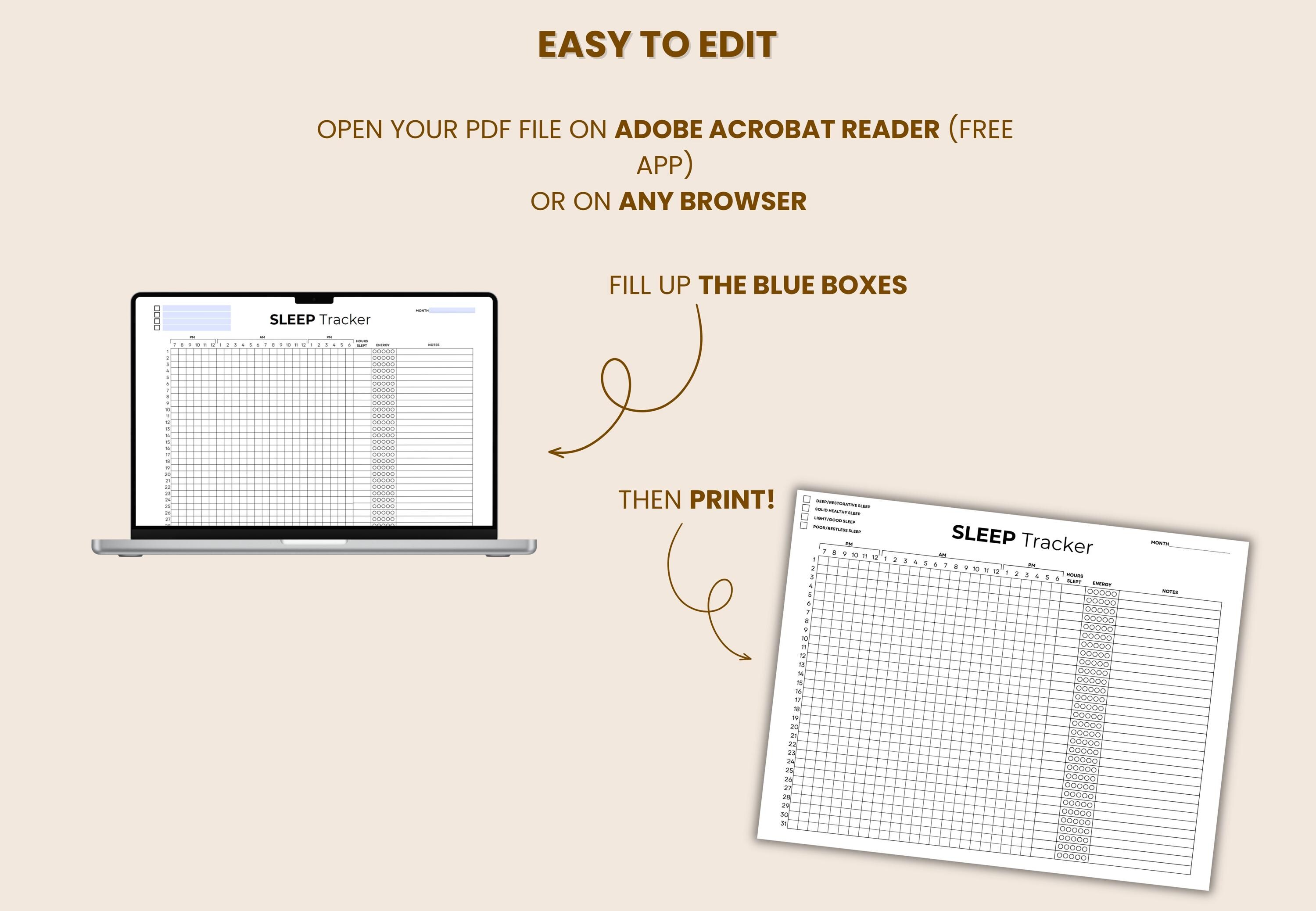 Printable & Editable Sleep Tracker PDF | Color-coded Monthly Sleep Log ...