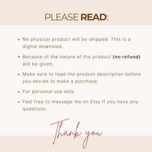 May include: A digital download notice with text in brown and pink. The text reads "PLEASE READ: No physical product will be shipped. This is a digital download. Because of the nature of the product (no refund) will be given."