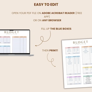 May include: A laptop displays a budget planner template with sections for income, expenses, and bills. A printed budget planner is shown next to the laptop. The text "EASY TO EDIT" and instructions are also visible.