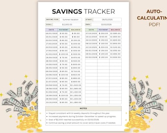 Savings Tracker Printable | Editable & Auto-Calculating PDF | Savings Goal Planner | Money Tracker | A4 and US Letter | Digital download