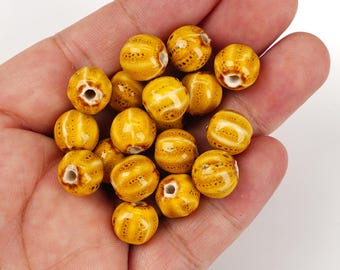 10pcs Pumpkin Shape Glazed Yellow Ceramic Beads - Handmade High-Fire for Jewelry & Home Decor