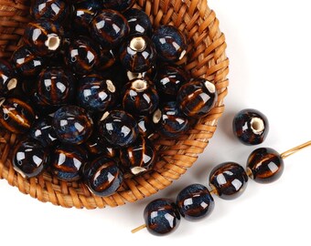 10pcs Pumpkin Shape Glazed Sapphire Blue Ceramic Beads - Handmade High-Fire for Jewelry & Home Decor
