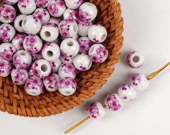 10pcs Magenta Plum Blossom Ceramic Beads - Handmade High-Fire Porcelain for Jewelry & Home Decor