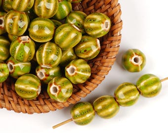 10pcs Pumpkin Shape Glazed Green Ceramic Beads - Handmade High-Fire for Jewelry & Home Decor