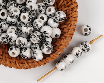 10pcs Black Floral Ceramic Beads - Handmade High-Fire Porcelain for Jewelry & Home Decor