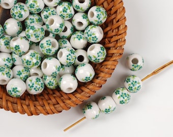 10pcs Green Floral Ceramic Beads - Handmade High-Fire Porcelain for Jewelry & Home Decor