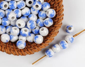 10pcs Light Blue Plum Blossom Ceramic Beads - Handmade High-Fire Porcelain for Jewelry & Home Decor