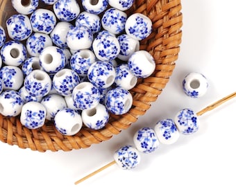 10pcs Blue & White Floral Ceramic Beads - Handmade High-Fire for Jewelry Home Decor