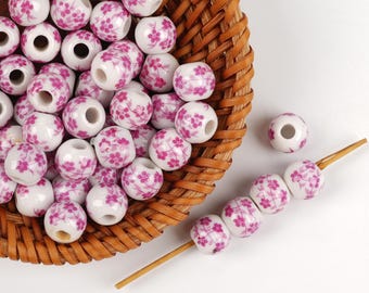 10pcs Pink Floral Ceramic Beads - Handmade High-Fire Porcelain for Jewelry & Home Decor