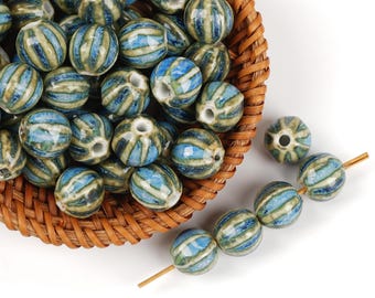 10pcs Pumpkin Shape Blue Rain Ceramic Beads - Handmade High-Fire for Jewelry & Home Decor