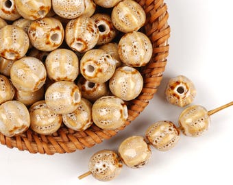 10pcs Pumpkin Shape Glazed Coffee-White Ceramic Beads - Handmade High-Fire for Jewelry & Home Decor