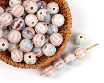 10pcs Pumpkin Shape Pink Guifei Ceramic Beads - Handmade High-Fire for Jewelry & Home Decor