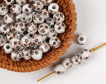 10pcs Brown Floral Ceramic Beads - Handmade High-Fire Porcelain for Jewelry & Home Decor