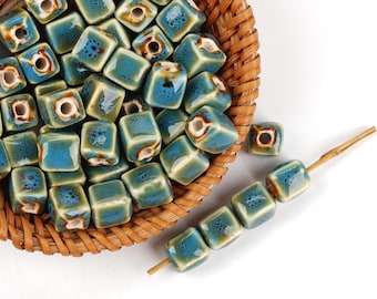 Handmade Ceramic Cube Beads, Blue Speckled Glaze, 8.3x7.5mm – 10pcs Set for Boho Jewelry & Home Decor