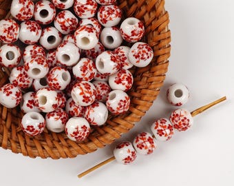 10pcs Red Floral Ceramic Beads - Handmade High-Fire Porcelain for Jewelry & Home Decor