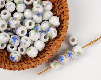 10pcs Gold & Blue Floral Ceramic Beads - Handmade High-Fire Porcelain for Jewelry Home Decor