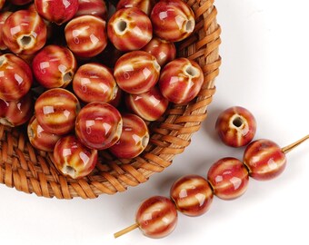 10pcs Pumpkin Shape Glazed Pink Ceramic Beads - Handmade High-Fire for Jewelry & Home Decor