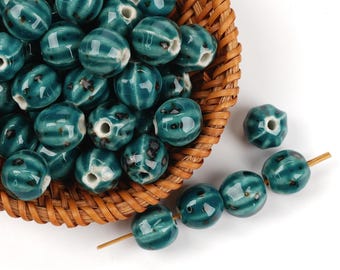 10pcs Pumpkin Shape Green Jade Ceramic Beads - Handmade High-Fire for Jewelry & Home Decor