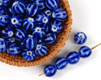 10pcs Pumpkin Shape High-Temp Royal Blue Ceramic Beads - Handmade for Jewelry & Home Decor