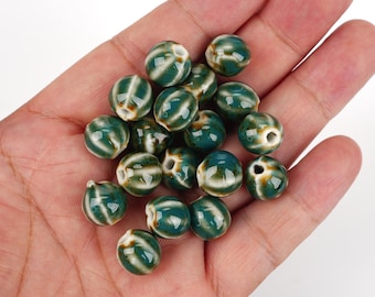 10pcs Pumpkin Shape Green Speckled Ceramic Beads - Handmade High-Fire for Jewelry & Home Decor