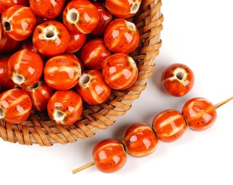 10pcs Pumpkin Shape Glazed Orange Ceramic Beads - Handmade High-Fire for Jewelry & Home Decor