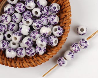 10pcs Purple Floral Ceramic Beads - Handmade High-Fire Porcelain for Jewelry & Home Decor
