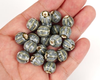 10pcs Pumpkin Shape Glazed Gray-White Ceramic Beads - Handmade High-Fire for Jewelry & Home Decor