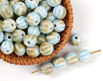 10pcs Pumpkin Shape Light Blue Beige Ceramic Beads - Handmade High-Fire for Jewelry & Home Decor