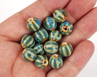 10pcs Pumpkin Shape Glazed Blue Ceramic Beads - Handmade High-Fire for Jewelry & Home Decor