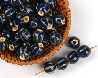 10pcs Pumpkin Shape Glazed Deep Purple Ceramic Beads - Handmade High-Fire for Jewelry & Home Decor