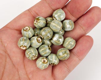 10pcs Pumpkin Shape Glazed Green-White Ceramic Beads - Handmade High-Fire for Jewelry & Home Deco