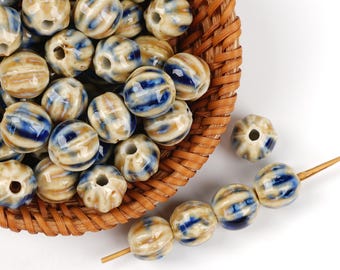 10pcs Pumpkin Shape Beige Blue Ceramic Beads - Handmade High-Fire for Jewelry & Home Decor