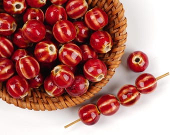 10pcs Pumpkin Shape Glazed Red Ceramic Beads - Handmade High-Fire for Jewelry & Home Decor