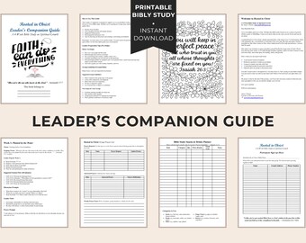 May include: A printable Bible study guide titled "Leader's Companion Guide" with various pages. The cover features the text "Faith can do everything" and a cross. Other pages include study notes and a planner.