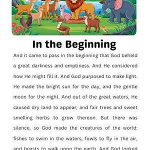 Puede incluir: Ilustración colorida con el texto "In the Beginning" y "Genesis I". La imagen representa varios animales, incluyendo un león, ciervos y un elefante, sobre un fondo de un paisaje soleado con cascadas y árboles.