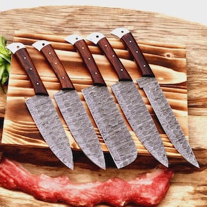 Custom Handmade Damascus Steel Chef Knife Set, Hand Forged Damascus Steel Chef set of 5 Pcs, Kitchen Knives Set, Culinary Set, gift For Her