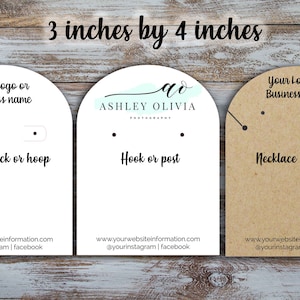 May include: Three earring display cards, each 3 inches by 4 inches, with different styles of earring displays. The first card is white with the text "Your Logo or Business name" and "Lever back or hoop". The second card is white with the text "ao ASHLEY OLIVIA PHOTOGRAPHY" and "Hook or post". The third card is brown with the text "Your Logo or Business name" and "Necklace & hook".