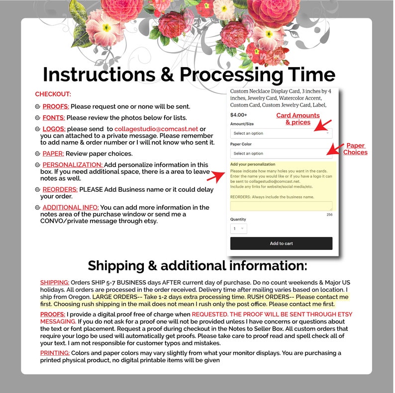 May include: Instructions for ordering custom jewelry display cards. The cards are 3 inches by 4 inches and can be used for necklaces, jewelry, labels, and more. The image shows a form with options for paper color, personalization, and quantity. The text "Card Amounts & Prices" is highlighted in red.
