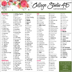 May include: A collage of fonts and font names, organized by category, including fancy scripts, serif, sans serif, funky and old, and modern scripts. The collage is on a white background with a black border.