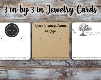 May include: Three blank jewellery cards measuring 3 inches by 3 inches, each with holes for hanging earrings. The cards are white, brown, and white with a black logo. The logos are "Wild Daisy Co.", "Your business name or logo", and "Alicia Naoma Photography".