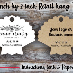 May include: Two 2.5 inch by 2 inch shell-shaped hang tags. One tag is white with black text and a floral design. The text reads "jenna crawy PHOTOGRAPHY" and includes website and social media icons. The other tag is brown with black text that reads "Your Logo or Business name" and includes website and social media icons.