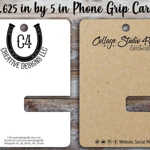 May include: Two phone grip cards, one white and one brown. The white card has a black horseshoe with the text "C4 CREATIVE DESIGNS LLC" and a website address. The brown card has the text "Collage Studio 45 CUSTOM DESIGNS" and social media icons.